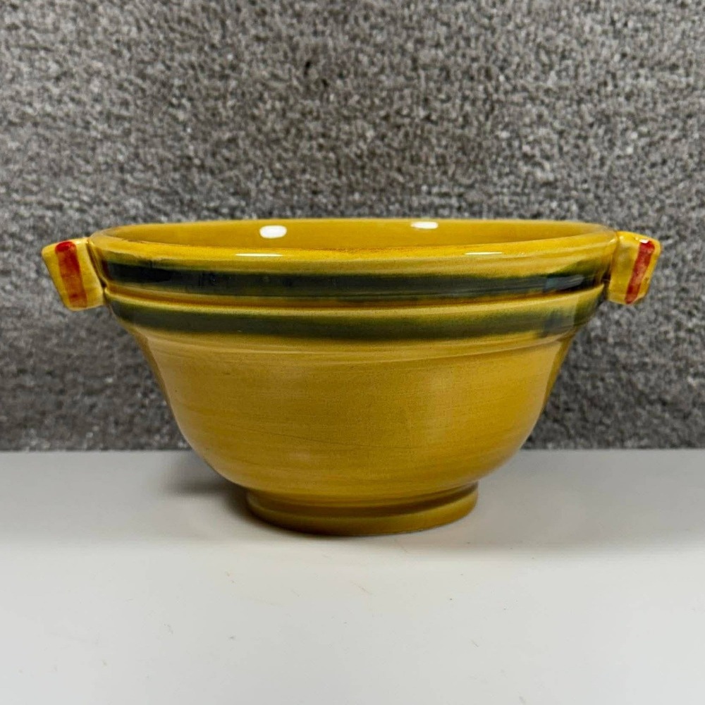 Made in Italy Ceramic Serving Bowl Yellow Green‎ Striped Handles Rustic 6in